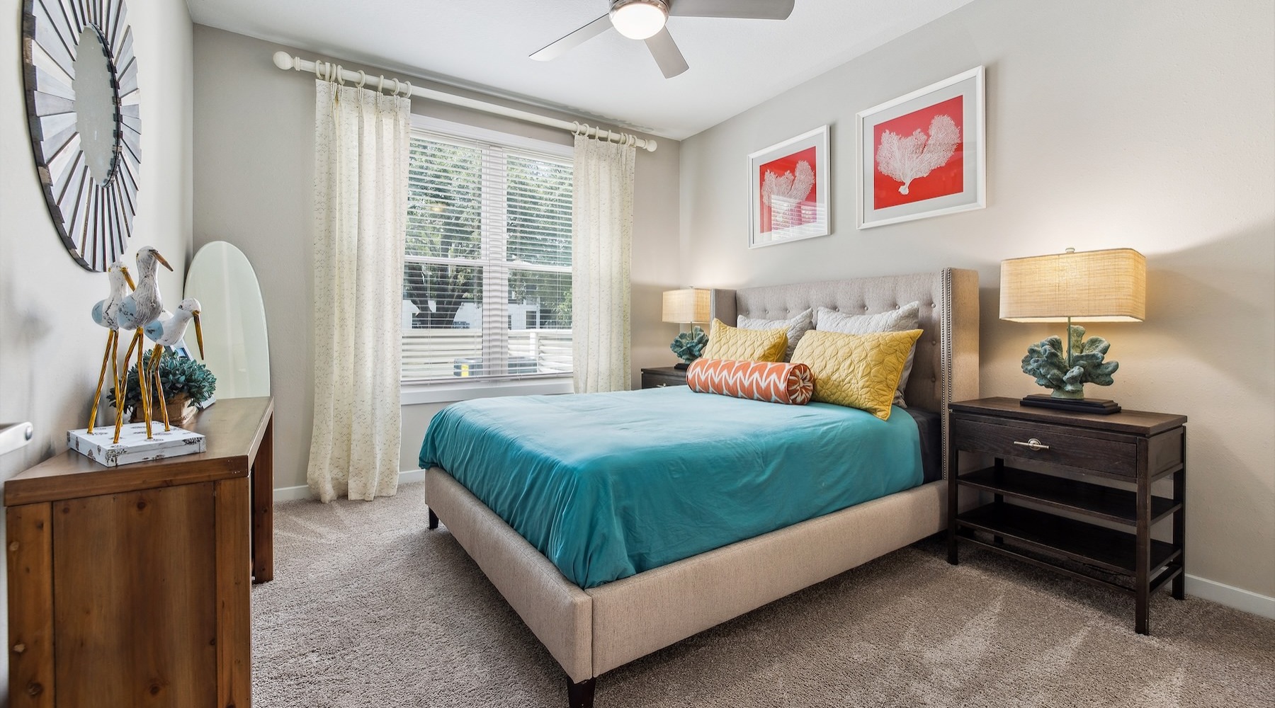 a bedroom with a bed and two nightstands